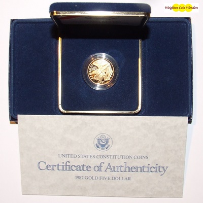1987 USA Gold Proof $5 Coin - CONSTITUTION